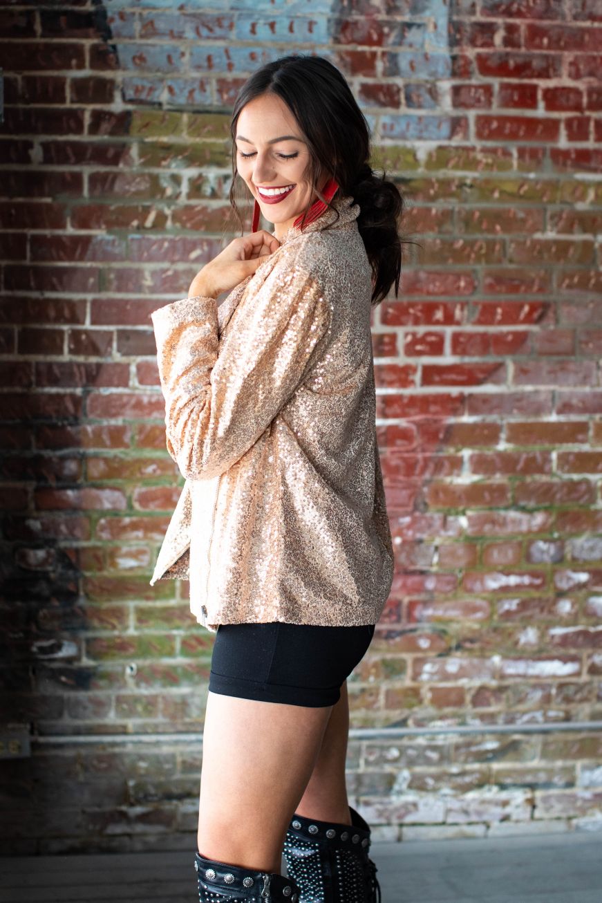 L & B Rose Gold Sequin Moto Jacket