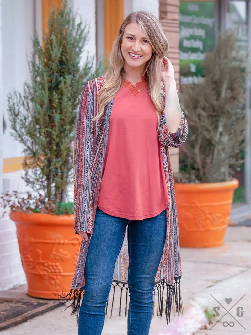 Tangled in Terra Cotta Kimono with Black Fringe