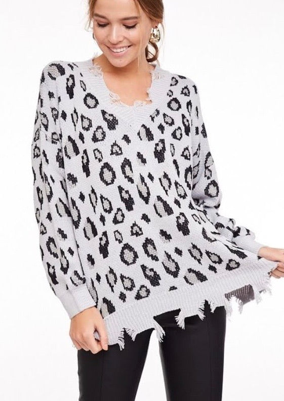 Grey distressed Leo vneck sweater