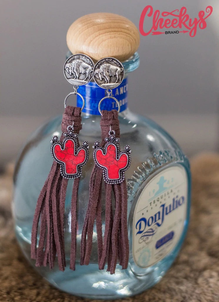 Red Cactus Buffalo Nickel Tassel Earrings