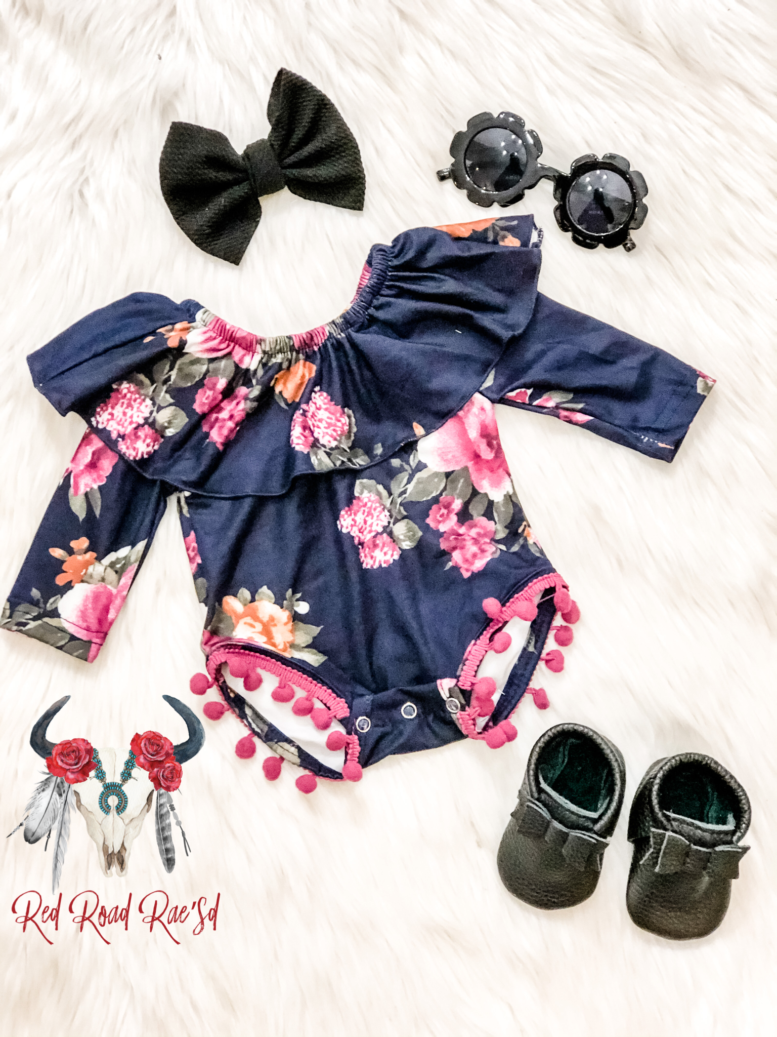 Blue Floral Ruffles Pom Romper