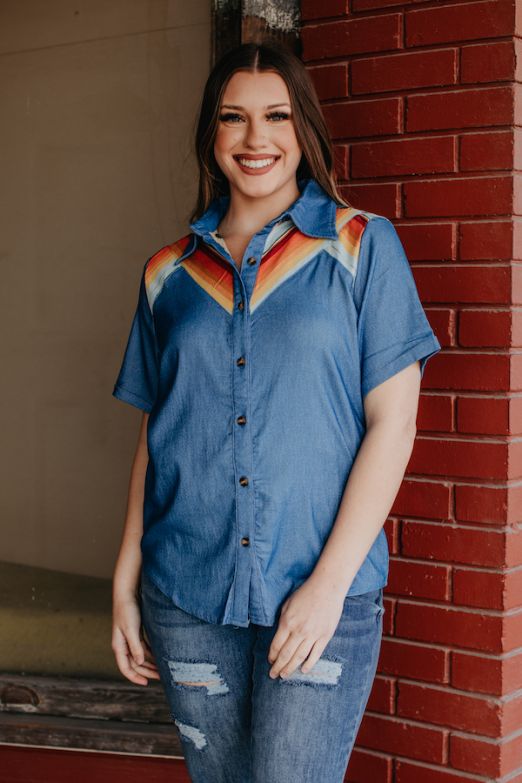 MINT SERAPE YOKE SHORT SLEEVE BUTTON UP TOP