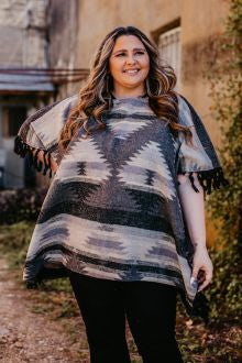 CHARCOAL WITH BLACK FRINGE TRIM PONCHO PLUS SIZE