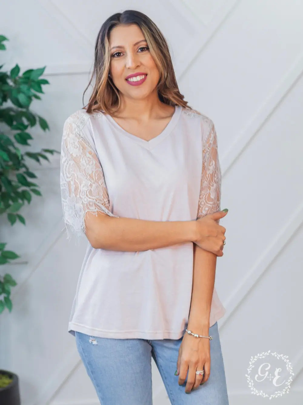 Montana Moon V-Neck Lace Short Sleeve Top
