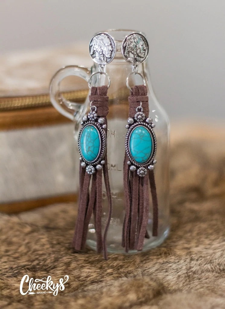 Warrior Nickel and Turquoise Brown Tassel Earrings