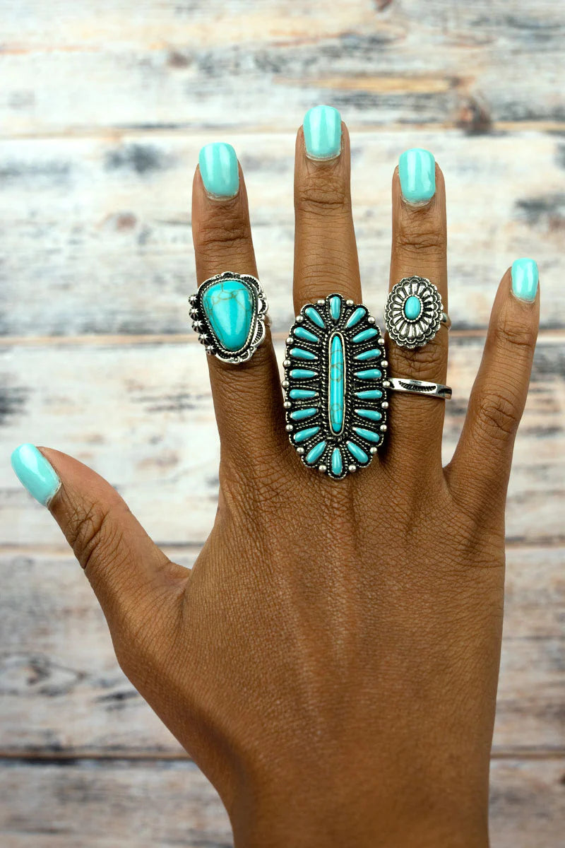 TURQUOISE CANYON LAKE SILVERTONE RING 4 PIECE SET