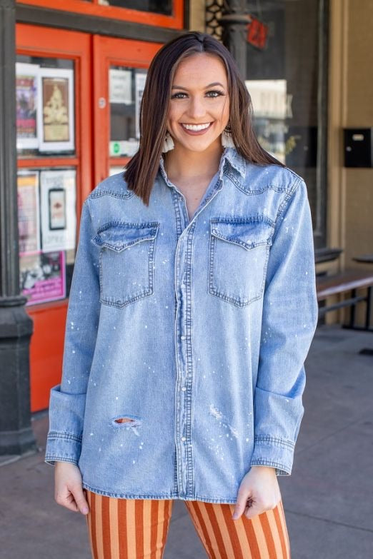 Distressed Denim Button Down