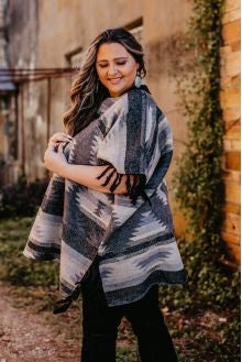 CHARCOAL WITH BLACK FRINGE TRIM PONCHO PLUS SIZE