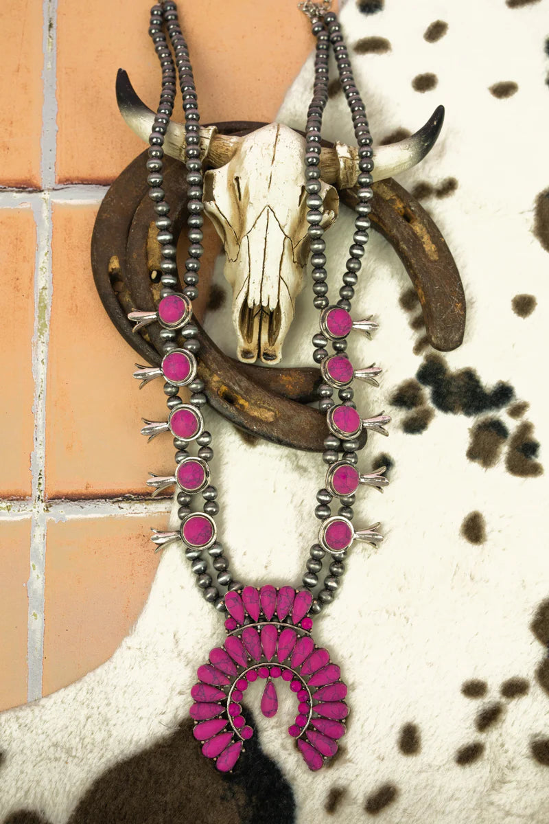 FUCHSIA PINK CRESTWICKE SQUASH BLOSSOM SILVER PEARL NECKLACE