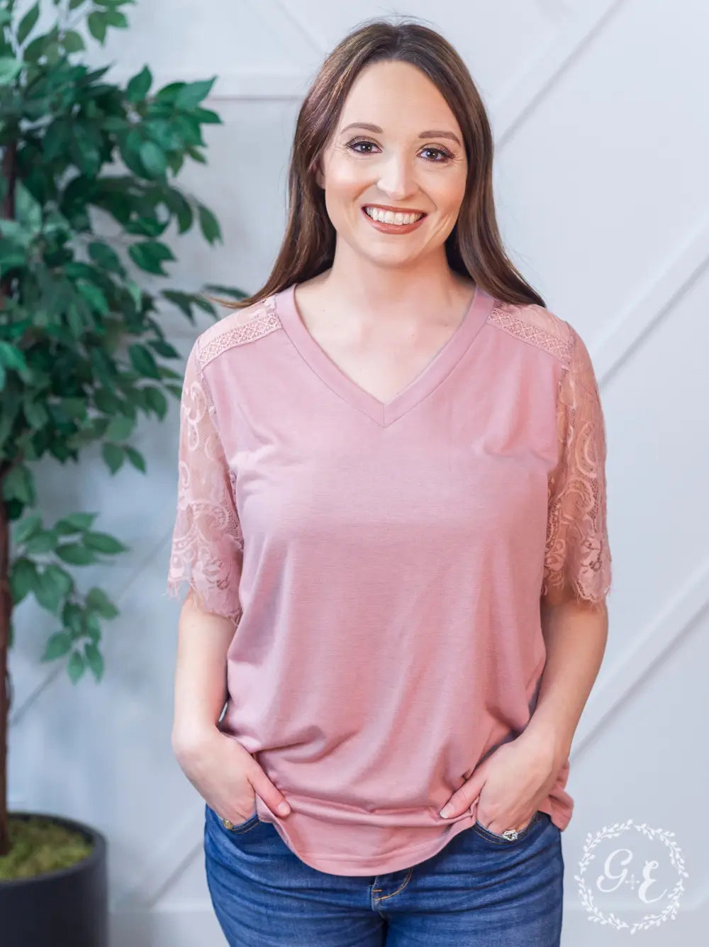 Montana Moon V-Neck Lace Short Sleeve Top